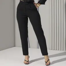 Calça Social Feminina Alfaiataria Reta Slouchy Plissada Bolsos Funcionais Cintura Alta