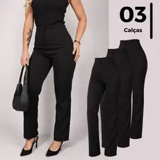 Combo de 3 Calça Feminina de Alfaiataria Reta sem Bolsos Cintura Alta Kit Casual Varias Cores