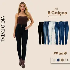 Combo 5 Calças Femininas Sortidas Elastano Fechamento em Botão Valoriza Empina Bumbum Cintura Alta
