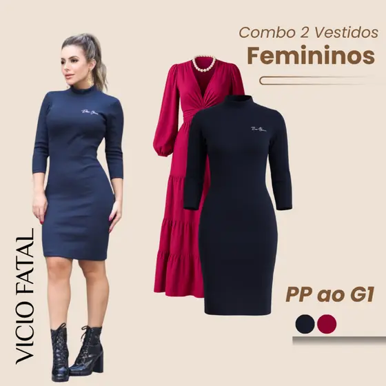 Combo 2 Vestidos Femininos Diversos Manga Tendencia Midi Moda Curto e Longo Premium Moderno