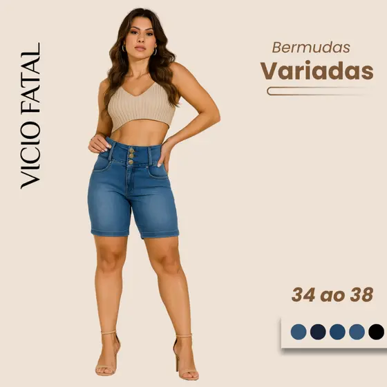 5 Bermudas Femininas Sortidas Combo Promocional Jeans Cós Alto com Elastano Ciclista Strass no Bolso