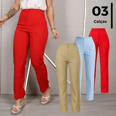 Lote 3 Calça Feminina de Alfaiataria Cintura Alta Reta sem Bolsos Verão Fresco Lisa Diferentes Cores