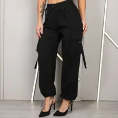 Calça Feminina Reta Cargo Slouchy Lycra Parachute Bolso Cintura e Bainha com Elástico Bolsos Viscose
