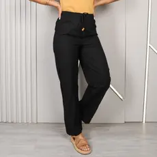 Calça Feminina de Linho Reta Cós Elástico Cintura Alta Com Elastano Slouchy Reta Solta Pantalona
