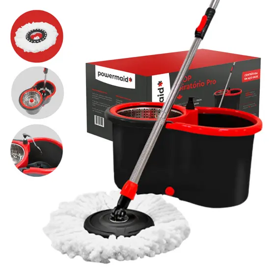 Mop Giratório Pro Esfregão Microfibra 360° Cesto Inox 13l Powermaid