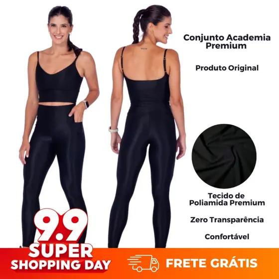 Conjunto Academia Feminino Top e Legging Poliamida com Bolso Lateral Cós Anatômico