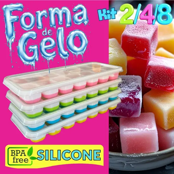 Kit até 8 Formas de Gelo com Tampa em Silicone Papinha Bebê Introdução Alimentar