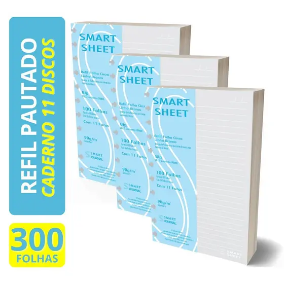 Kit 3 Refil Caderno de Discos 90g 100 Folhas Pauta Branca Grande 11 Furos