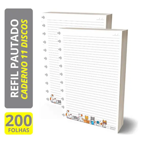 Refil Caderno de Discos 90g Grande 11 Furos Gatinhos 200 Folhas