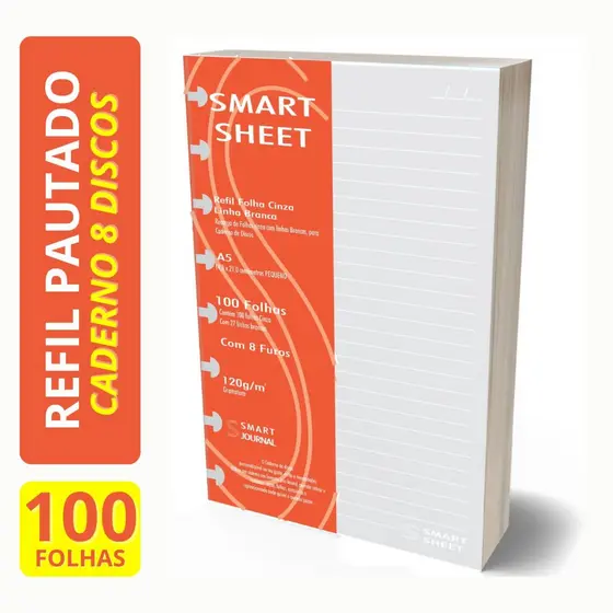 Refil Caderno de Discos 120g 100 Folhas Pauta Branca A5 Pequeno 8 Furos