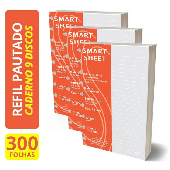 Kit 3 Refil Caderno de Discos 120g 100 Folha Pauta Branca Medio 9 Furos