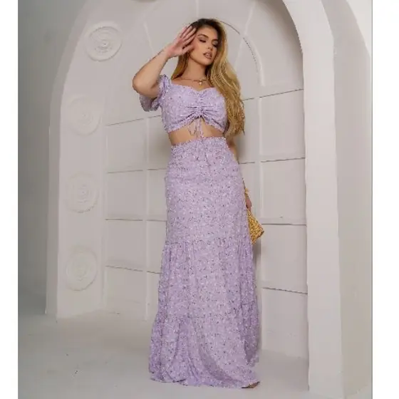 CONJUNTO FEMININO CROPED E SAIA LONGA COM LASTEX