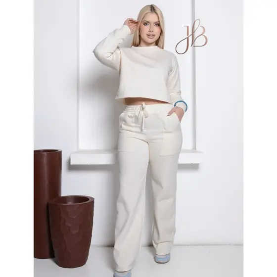 CONJUNTO FEMININO BLUSA E PANTALONA EM MOLETOM FRANELADO OUTONO INVERNO