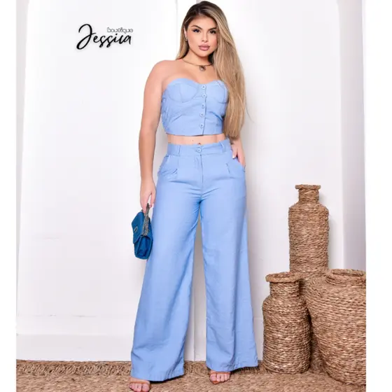 CONJUNTO CROPED E CALÇA PANTALONA MODA FEMININA
