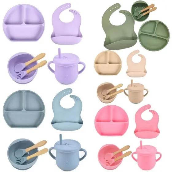 kit5, 8 ou 9 Peças Talheres alimentação bebê silicone kit Talheres Infantil Com Ventosa Canudo Colher Babador Garfo
