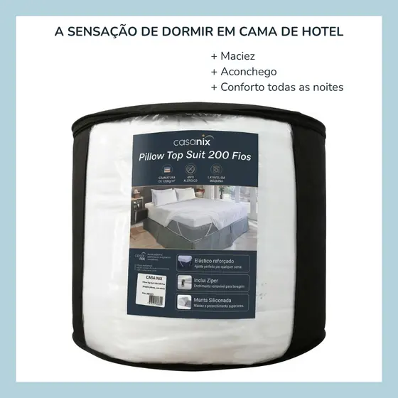 Pillow Top Suit Cama de Hotel 1200g/m² 10cm de altura Capa Micropercal 200 fios Protege seu Colchão