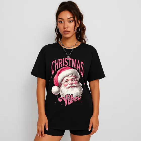 Camiseta Feminina Christmas Vibes Natalino Tecido 100% Algodão Camisa Unissex Natal Ano Novo Lançamento