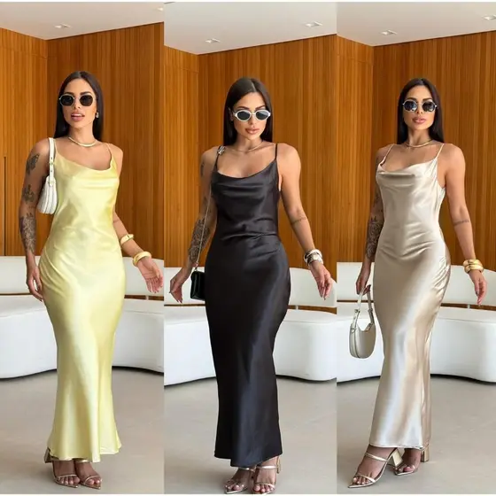 Vestido Midi Feminino Cetim - Moda Elegante Alça Fina Regulável Tendência 1,0
