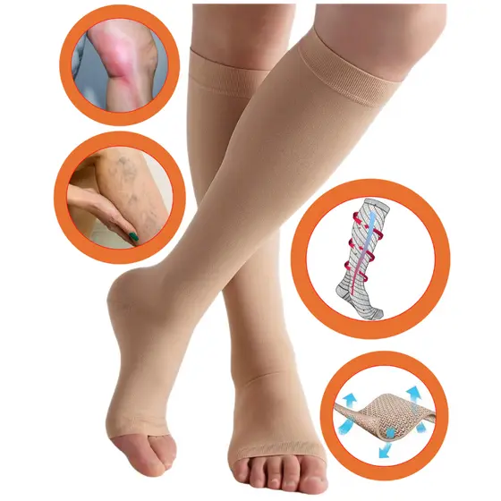 Meia 3/4 Média Compressão 20-30mmhg Pé Aberto Sem Ponteira