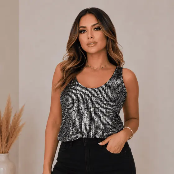 Blusa Feminina Regata De Paetê Elegante Casual Luxo Regata Com Brilho