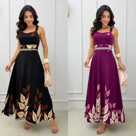 Vestido longo Feminino elegante com alça grosa com Bojo casual e festa tecido Visco Sarja