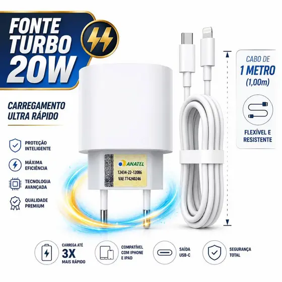 Carregador Turbo Tipo A 20W USB-C Para IPhone 11 12 13 14 Rápido Completo Com Cabo 1m Fonte de Tomada