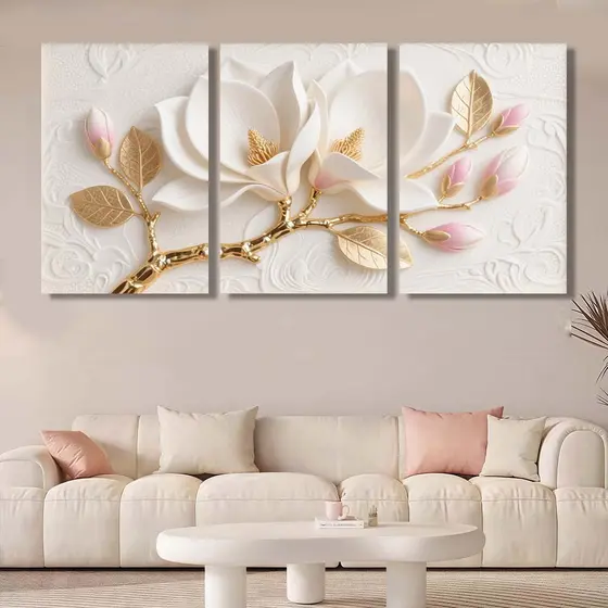 Kit 3 Quadros Decorativos Magnolia Luxo Instalacao Sem Furos 120x60cm Decorar Sala Quarto Escritorio​