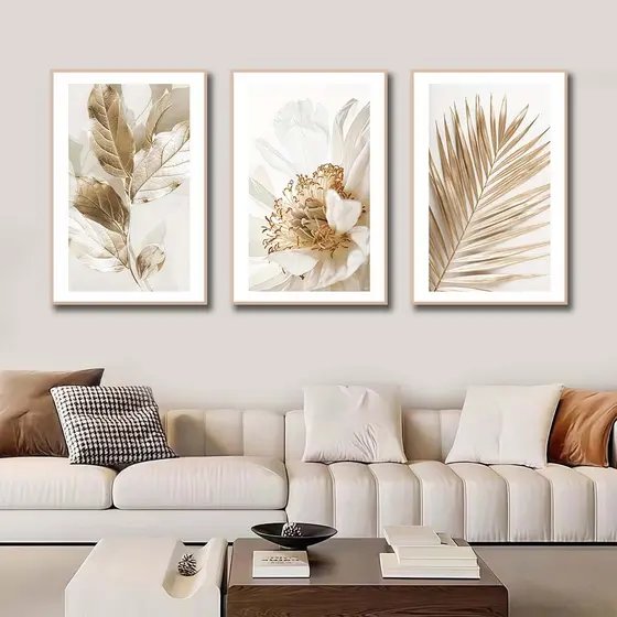 Kit 3 Quadros Decorativos Folhagem Natureza Tons Terrosos Decoração Parede Sala e Quarto Pronto Instalar​ 40x60cm