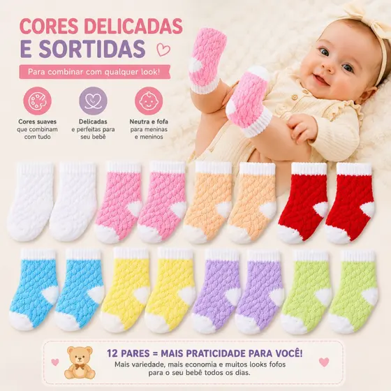 Kit 12 (06 e 03) Pares de Meias Bebê Recém Nascido RN (0 a 12 Meses) Menino Menina Masculino Feminino Infantil