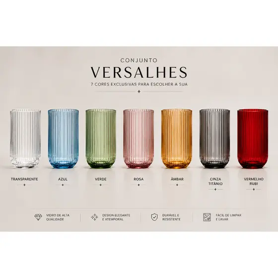 Jogo com 6 Copos De Vidro 460ml Versalhes Canelado