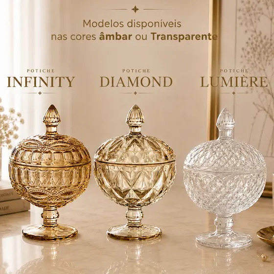 Bomboniere Potiche Decorativa com Pé e Tampa Vidro Luxo – Porta Doces, Sala, Festa e Mesa Posta