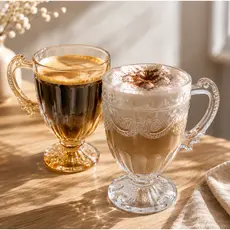 Jogo 6 Canecas de Vidro 190ml 10,5x8cm com Pé Roma ou Milão | Âmbar ou Transparente | Xícara para Café e Cappuccino