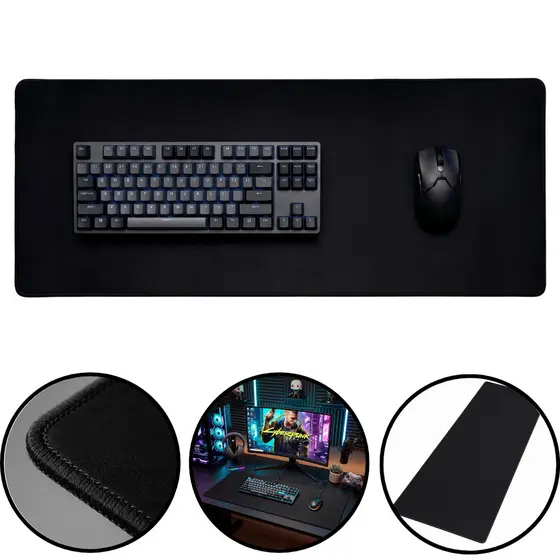 mousepad gamer extra grande 90x40 profissional preto com bordas costuradas antiderrapante tapete para jogar trabalho