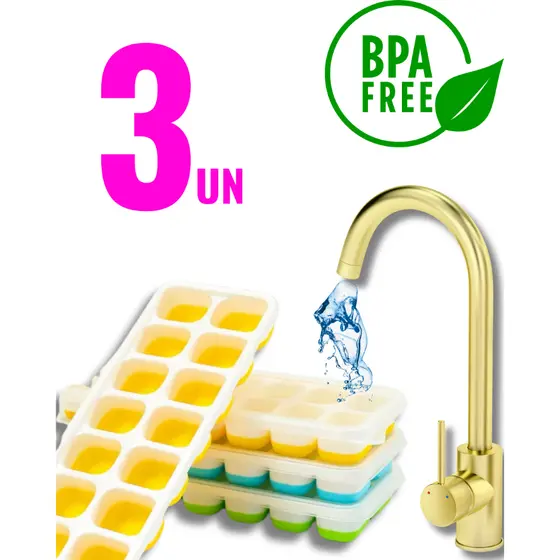 Kit 03 Formas de Gelo Silicone Fundo Flexível Retangular 14 Cubos Multiuso Lavável