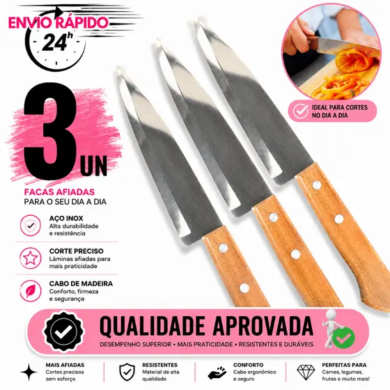 KITs DE 3 OU 2  FACAS DE CARNE LEGUMES PEIXEIRA DE INOX 6 '' CABO MADEIRA