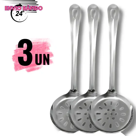 KIT 3 Escumadeira de Fritura Arroz Massa 100% Aço Inox Resistente Para Casa Cozinha Restaurante Buffet