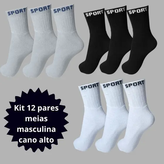 12 Pares Meia Masculina Esportiva Cano Alto Algodão Tamanho 37-46