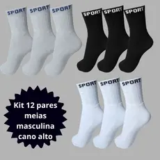 12 Pares Meia Masculina Esportiva Cano Alto Algodão Tamanho 37-46