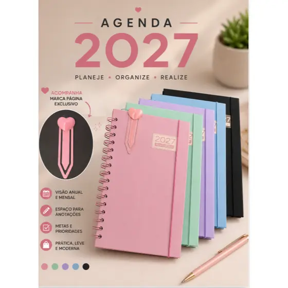 Agenda 2027 Capa Dura Espiral Tamanhos A5 e A6 –Cores 168 Folhas | Com Elástico e Marcador de Página