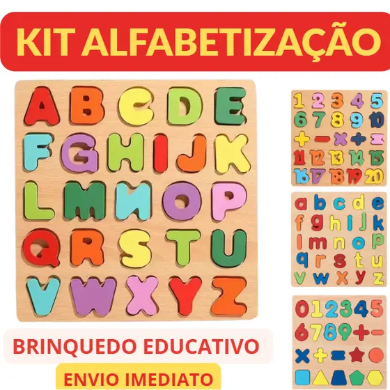 KIT Alfabetização Tabuleiro em Madeira Brinquedo Educativo Infantil Letras,  números e formas