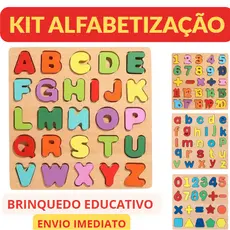 KIT Alfabetização Tabuleiro em Madeira Brinquedo Educativo Infantil Letras,  números e formas