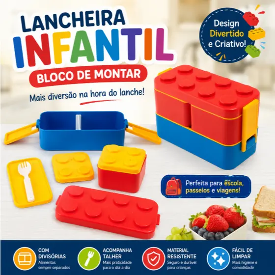 Kit Lancheira Infantil Blocos de montar com Compartimentos