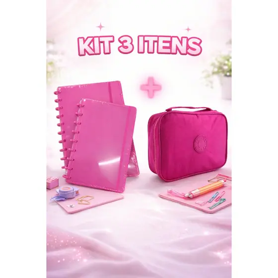 Kit Papelaria Completo  com 2 Cadernos de Discos (A5 + B5) + Estojo Jumbo 100 Pens