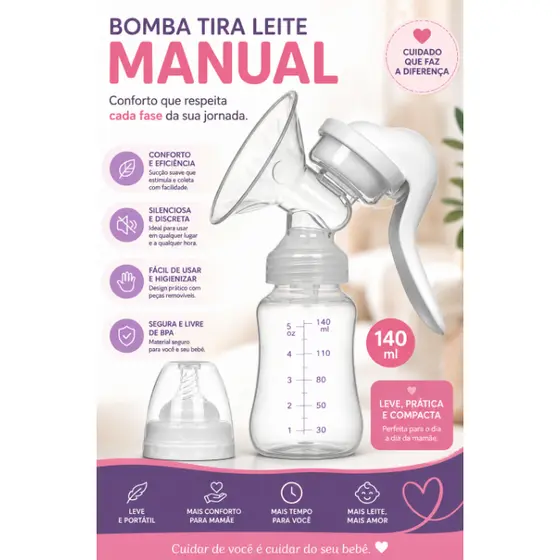 Bomba Tira Leite Manual 140ml Extratora Portátil Silicone Livre BPA