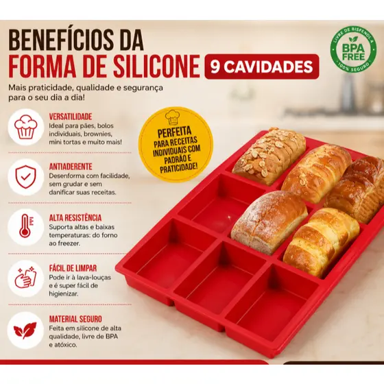 Forma de Silicone 9 Cavidades para Pães, Bolos e Brownies | Antiaderente | Livre de BPA