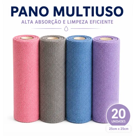 Pano Microfibra Multiuso de Alta Absorção – Rolo com 20 Unidades 25x25cm | Reutilizável e Macio