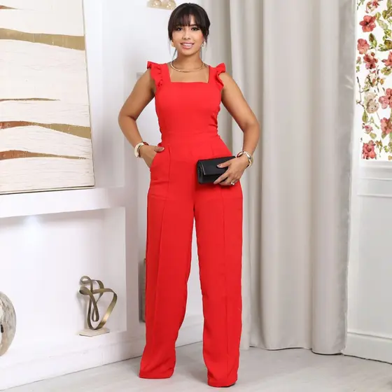 Macacão Feminino Longo Pantalona em Duna com Bojo Forrado – Modelo Social Elegante com Babado 2026