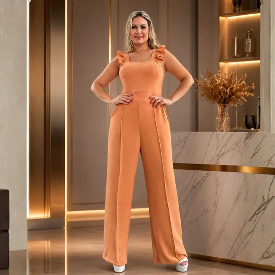 Macacão Feminino Longo Pantalona Wide Leg com Bojo e Cintura Lastex | Elegante Casual Chic Premium
