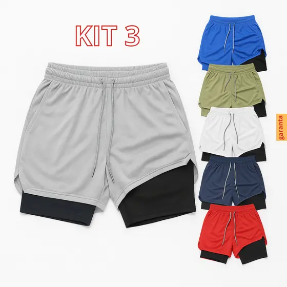 KIT 3 Shorts Masculino 2 em 1 Corrida Forrado Envio imediato