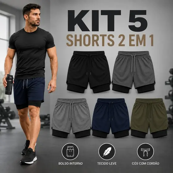 Kit 5 Bermudas Masculinas Dry Fit 2 em 1 Sem Estampa com Cueca Interna Respirável Secagem Rápida Treino